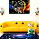 Space Astronaut Alien Pizza Party Canvas Wall Art Black Cosmic Prints, 24"L x 16"W