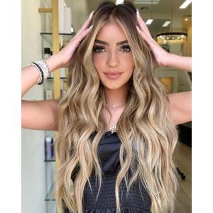 XIXIBI Blonde Wigs for Women, Long Lace Front Hairline Wig, Ombre Blonde Wavy Wig with Dark Roots, Blond Womens Charming Natural Looking Synthetic Wigs for Daily Party Use 26 Inch