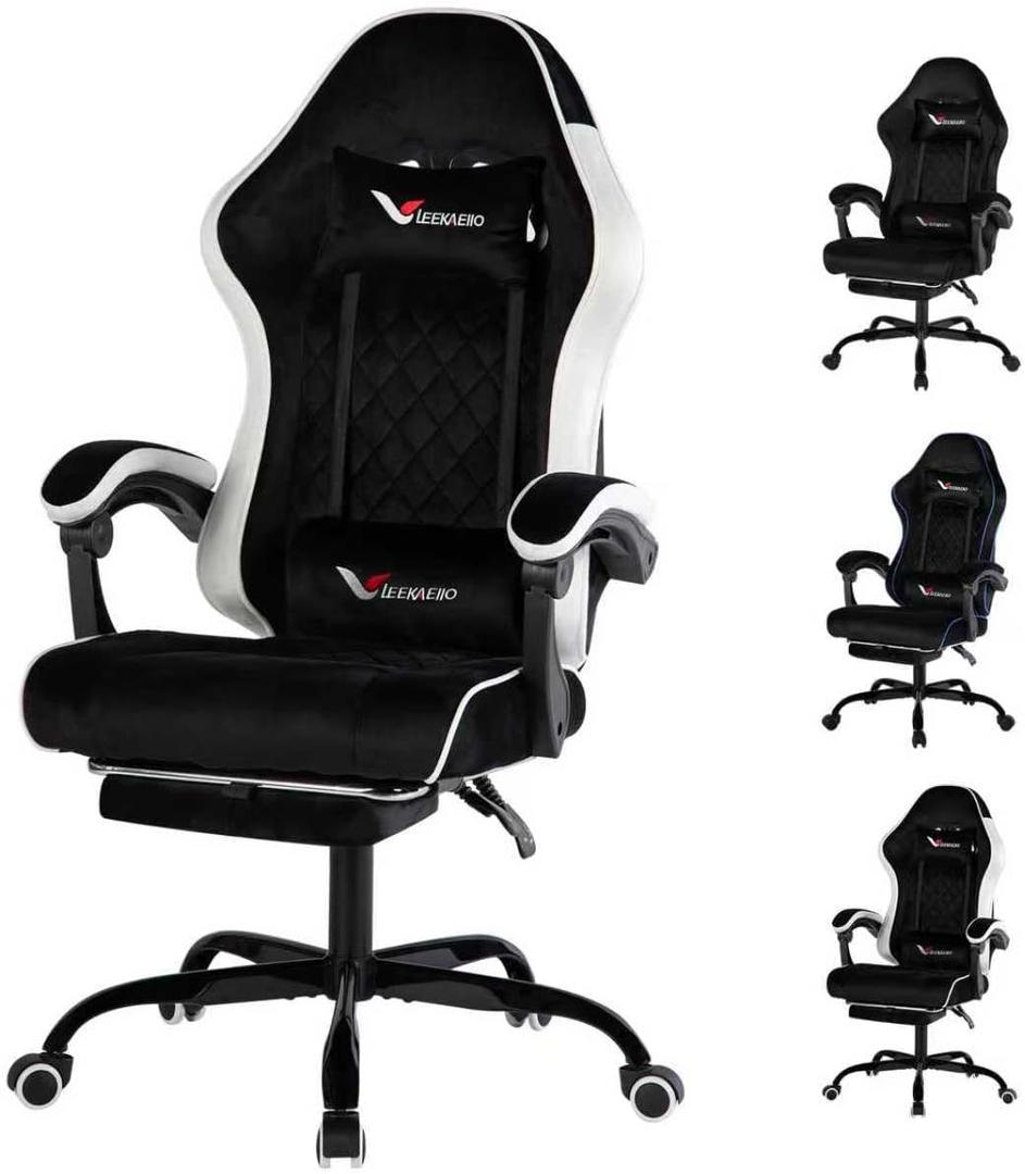 Velvet Gaming Chair for Adults with Pocket Spring Cushion Seat,Soft Gaming Chair Fabric with Extendable Footrest, Swivel Recliner with Ergonomic Lumbar Support and Headrest for Home/Office (White)