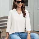 YUCOLEN 3/4 Sleeve Tunic Tops for Women V Neck Collared Shirts Chiffon Work Blouses Dressy Casual S (White)
