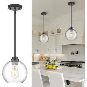 Black Pendant Lights Kitchen Island, 8" Pendant Light Fixtures with Globe Clear Glass Shade, Modern Kitchen Island Lighting, AD-22280-1PL-BK