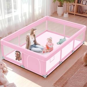 Pink Baby Playpen 74x50 Inches Playpen for Little Princess Play Yards Indoor & Outdoor Sturdy Safety Baby Girls Play Pen with Soft Breathable Mesh Toddlers Activity Center with Anti-Slip Base