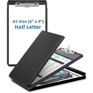 A5 Metal Clipboard with Storage - Memo Size Heavy Duty Recycled Aluminum Clipboard, Binder Form with Privacy Cover, 6x9 Inch Paper Holder for Police, Nurses, Students, and Office Use - Frosted Black