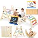Pikler Triangle Set for Kids, 8 in 1 Colorful Montessori Large Climbing Toys for Toddlers 1-6 Inside with Arch, Ramp and Foldable Triangle, Cushion Pad and Chalkboard (Natural Wood Colorful With Blackboard)
