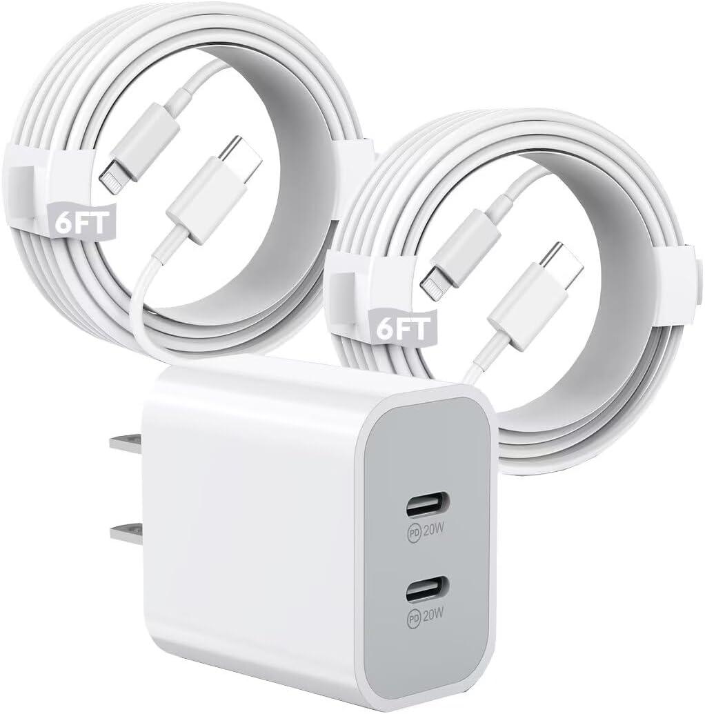 iPhone Charger 40W, USB C Charger,Dual Port 20W Type C Fast Charging Block,2-Pack 6ft MFi Certified USB-C to Lightning Cable for iPhone 14/13/12/12 Pro/12 Pro Max/11/11 Pro/11 Pro Max/XR/XS/X/8,iPad