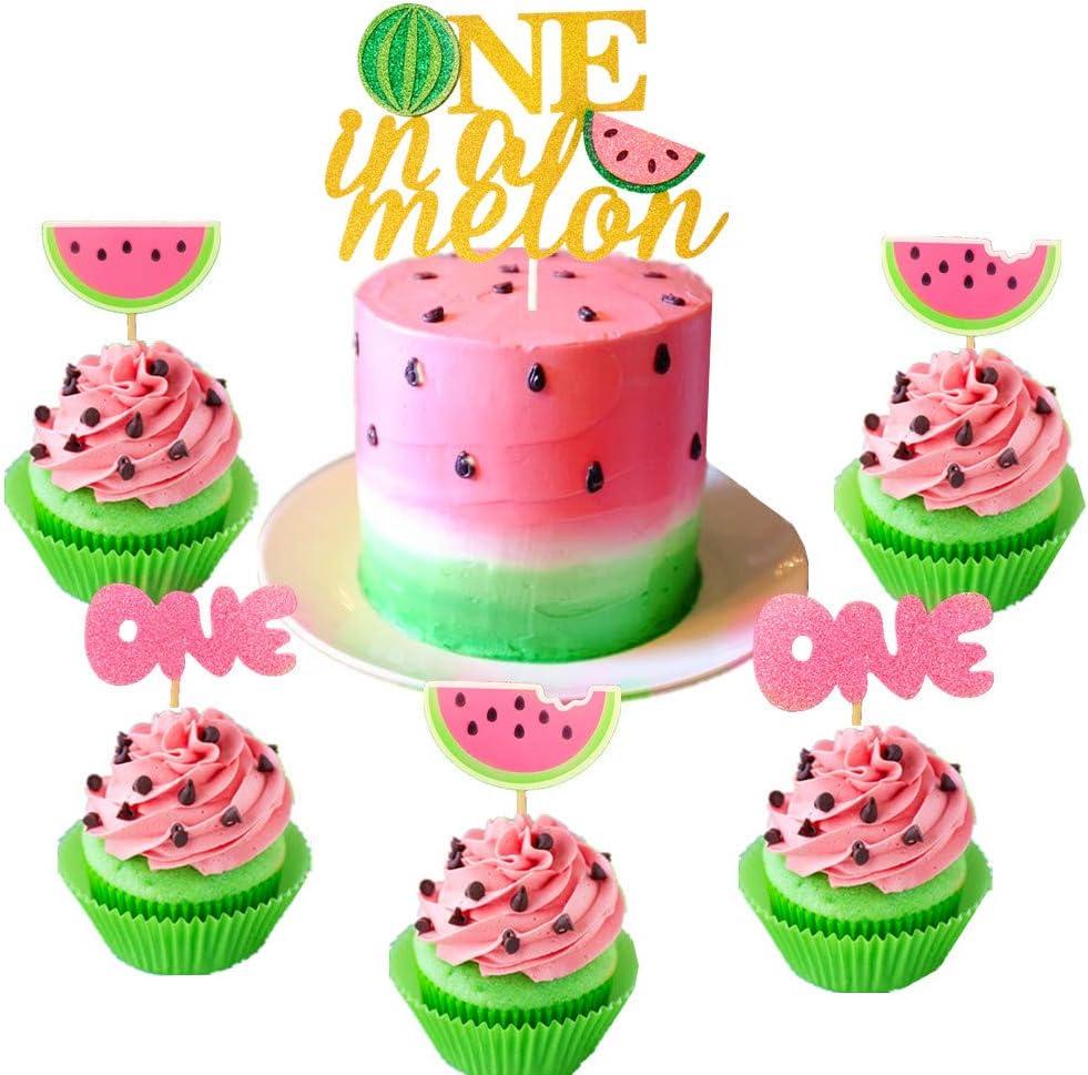 JeVenis 25 PCS Watermelon Cupcake Topper One in a Melon Cake Decoration One in a Melon Birthday Decoration
