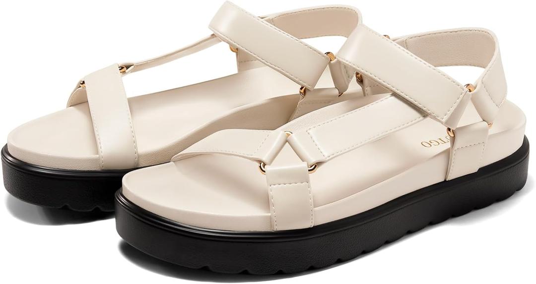 Coutgo Womens Platform Sandals Comfortable Arch Support Footbed Adjustable Ankle Strap Summer Beach Flat Sandals (Beige)