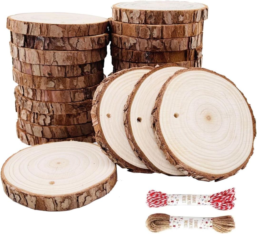 Unfinished Natural Wood Slices 25Pcs 3.1-3.5 inch Wood Coaster Pieces Craft Wood kit Predrilled with Hole Wooden Circles Great for Arts and Crafts Christmas Ornaments DIY Crafts Rustic Wedding