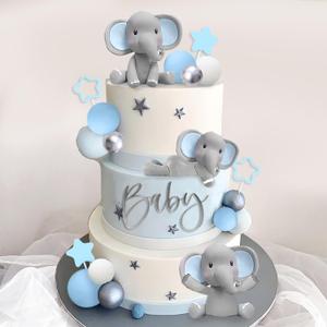 DRWATE 32 Pcs Elephant Cake Decoration with Mini Elephant Blue White Pearl Balls for Baby Shower Boy Elephant Theme Birthday Party Supplies (BLUE)