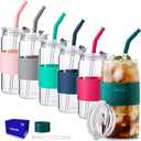 ColoVie 20oz Mixed Drinking Glasses with 6 Colors, Thicken Reusable Glass Tumblers with Lids and Straws, Removable Silicone Sleeve for Hot or Iced Drinking, Unique Colorful Glass Cups