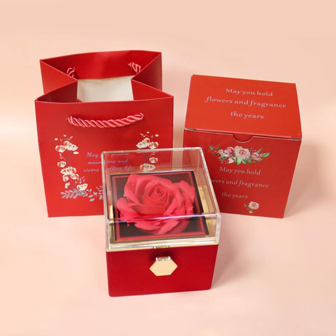 Romantic Gifts for Her Rose Ring Box Jewelry Box Artificial Flowers Eternal Rose Box Anniversary Wedding Valentines Day Christmas Birthday Thanksgiving Gifts for Mom Wife Girlfriend Women (Red)