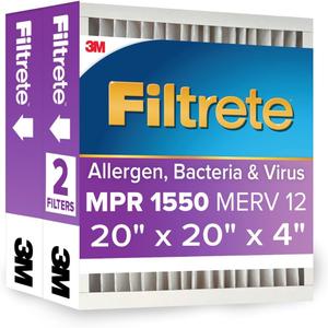 Filtrete 20x20x4 AC Furnace Air Filter, MPR 1550, MERV 12, Fits Honeywell, CERTIFIED Asthma & Allergy Friendly, Electrostatic Air Cleaning Filter, 2-Pack (Actual Size 19.88x19.88x4.31 in)