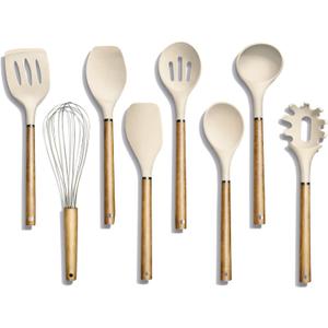 Country Kitchen Non Stick Silicone Utensil Set with Rounded Wood Handles for Cooking and Baking, 8 Piece Set, Khaki