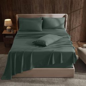 Hearth & Harbor Extra Deep Pocket Sheet Sets, Luxury Soft 6 Piece Bed Sheet Set Fits Mattress 18-24 Inches - Queen, Forest Green