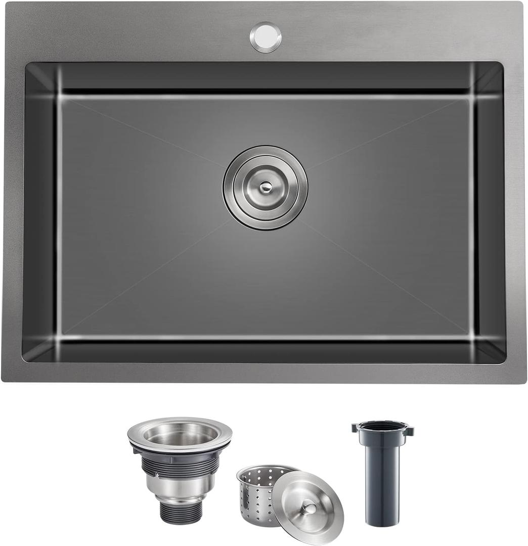 24 Inch Drop in Kitchen Sinks Black, 24x18 Inch Single Hole 18 Gauge Stainless Steel Single Bowl Kitchen Sink Topmount, D24"xW18"xH9"