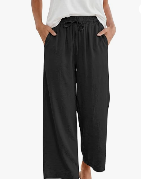 ANRABESS Women Wide Leg Pants Summer Palazzo High Waisted Casual Loose Lounge Flowy Capri Cropped Beach Trousers Work Outfits, Black, Size S