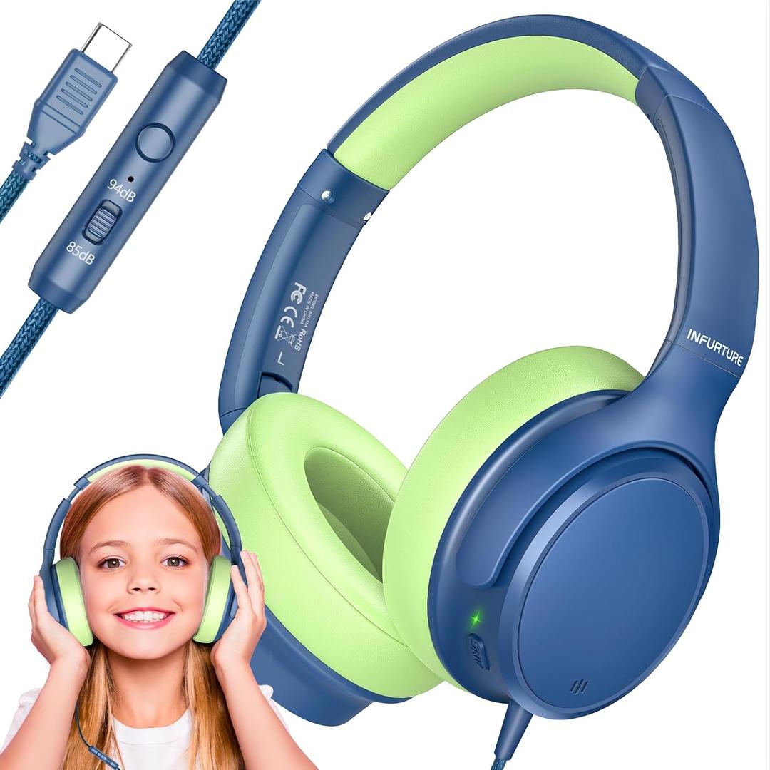 INFURTURE USB C Headphones Kids with Mic, Active Noise Cancelling Kid Wired Headphones for Kid 85/94dB Safe Volume Limit, Over Ear Headsets, Boys Girls Wired Headset for School/Travel, for Kids