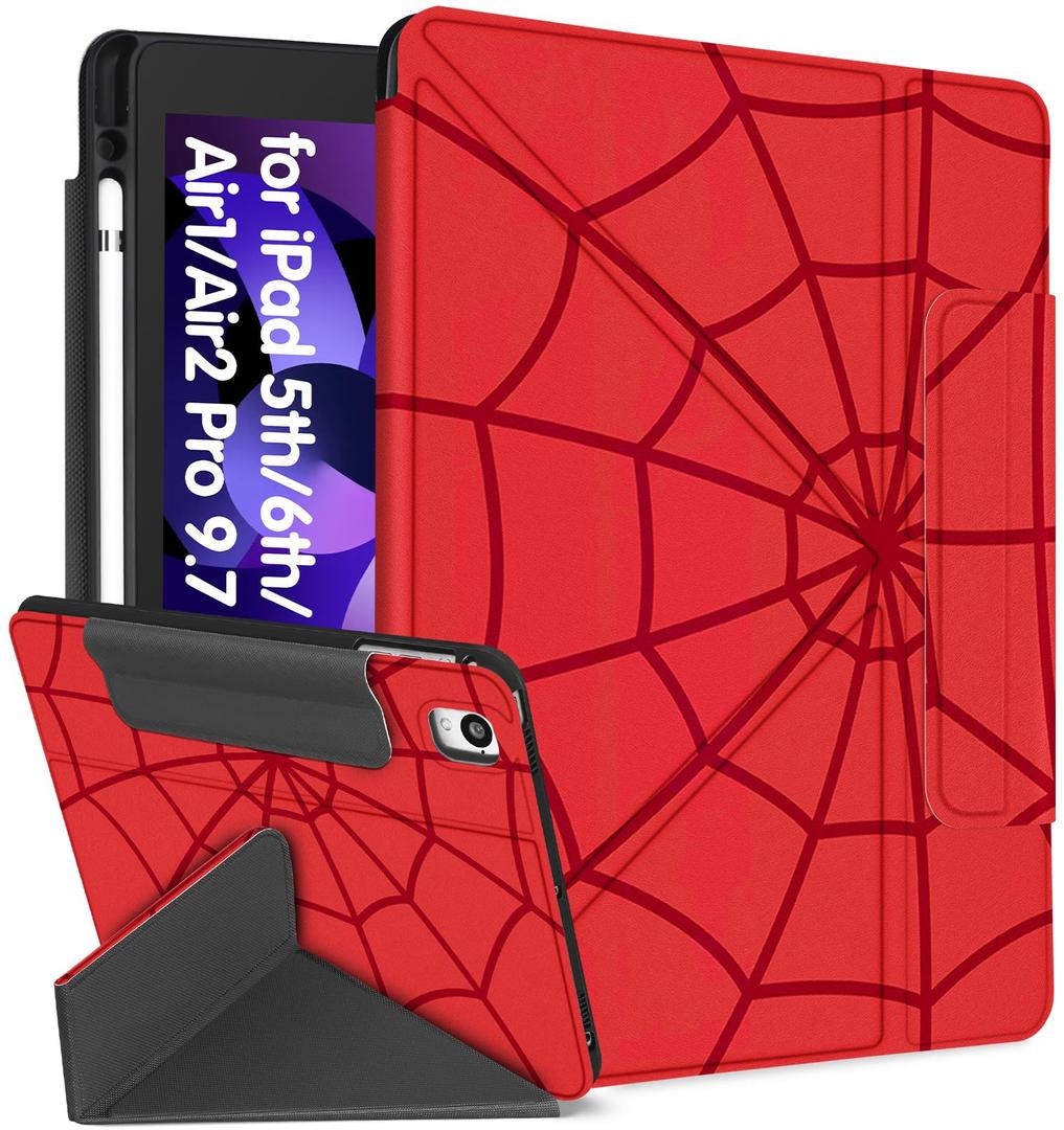 for iPad 6th/5th Generation 2018/2017 Case for iPad Air 2nd/1st Pro 9.7 Inch with Pencil Holder Cute Cool Cartoon Anime Kawaii Design Tablet Cover for Boys Girls Women, Red Eyes