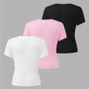 COZYEASE Girl's 3 Pack Summer Basic Tight Shirts Short Sleeve Crew Neck Casual Fitted Tee Tops, Black White Pink Size 11Y