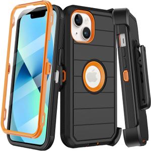 for iPhone 13 Mini Case with Built-in Screen Protector, Belt Clip Holster, Heavy Duty Shockproof Drop Protection Military Grade Durable Phone Cover with Kickstand for iPhone 13 Mini (Black Orange)