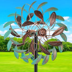 360 Wind Spinners Outdoor, Wind Sculptures Windmill with Metal Stake, Kinetic Large Metal Yard Art Decor Spinners Pinwheels for Garden Outside Patio Lawn (Green+brown)