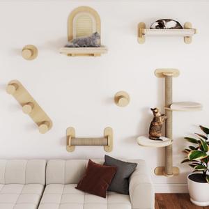BYBYME 7Pcs Cat Wall Shelves, Solid Wood Indoor Cat Tree, Multi-Levels, Sturdy Wooden Wall Mounted Climbing Frames with Scratching Posts, Kitten Platform and BedNatural Wood