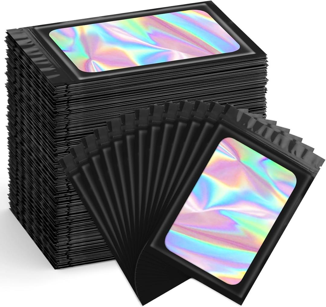 Funfery 300 Pack Smell Proof Resealable Bags for Food Storage,Holographic Bags 4x6 Black Mylar Clear Packaging Bag- Scent Proof for Cookies, Zip Foil Pouch for Small Business, trading card