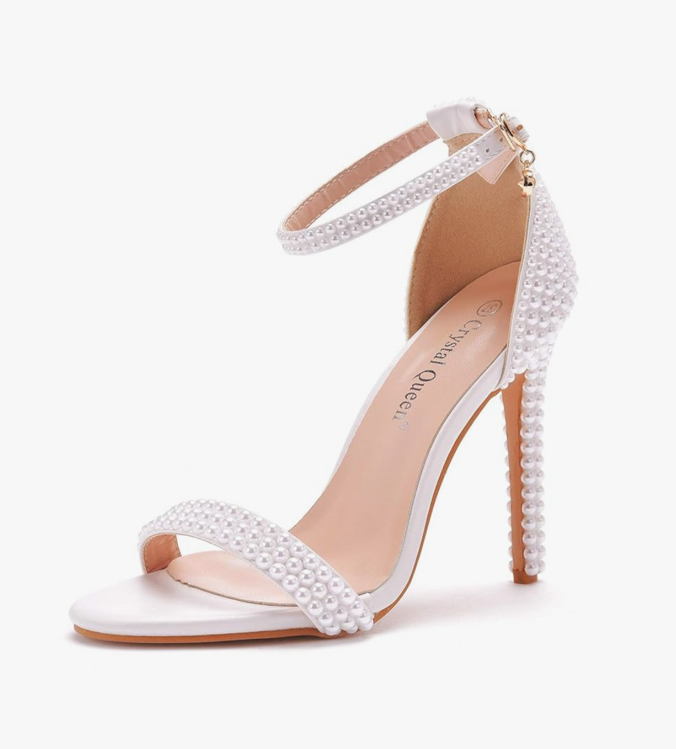 Crystal Queen Full Pearls Heels Sandals Stiletto Heels Peep Toe High Heel Sandals Pump Shoes For Bride Wedding Party Evening, Size 8.5