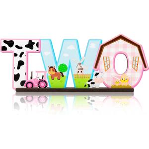 Haooryx Farm Centerpiece - Pink Farm Animal Sign Wooden Table Centerpiece Barnyard Birthday Party Sign Two Years Old Birthday Party Decorations Baby Shower Photo Props