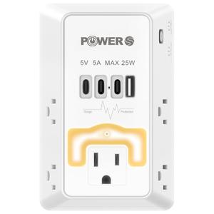 Electrical Outlet Extender with USB Ports (3C1A), Snug Wall Outlet with Night Light, Surge Protector, Wall Plug Adapter for Multiple Devices, Wall Socket Expander