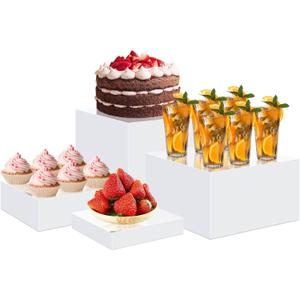 4pcs Buffet Risers, Food Display Stands for Buffet Table, Acrylic Display Risers Shelf for Dessert Jewelry Show, White Acrylic Cube Display Nesting Riser with Hollow Bottoms 5"x6"x7"x8