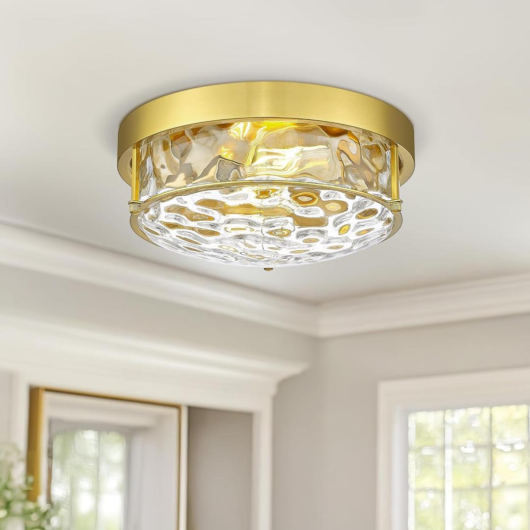 Polished Gold 12" Ceiling Fixture  Hammered Glass, Farmhouse-Inspired Flush Mount for Bedroom, Living Room, or Dining Area - CKCL4822-2W-HGPG