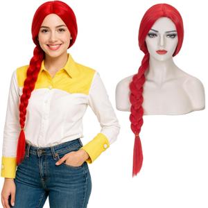 Long Red Wig with Braids for Women Cowgirl Cosplay Costume Braided Wig Straight Middle Part No Bangs Heat Resistant Hot Red Wig Halloween Party with Cap
