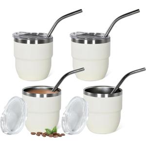 4 oz Stackable Cup, 4 Pack Mini Tumbler Shot Glass with Straw and Lid,Stainless Steel Espresso Cups-Vacuum Insulated Coffee Cup for for Wedding Party Whiskey Cocktail Bar, White (Small)