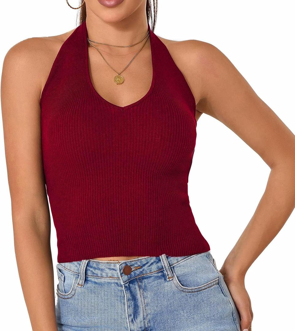 Betu Women Tank Top Ribbed Knit Sleeveless Fitted Crop Shirts (Small, Halter-red)