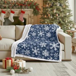 Horaldaily Christmas Sherpa Flannel Blanket Throw, Navy Snowflake Soft Fuzzy Plush Cozy Fleece Blankets for Couch Sofa Bed Lounging, Ideal Gifts for Kids Adults Wife Self, 50x60 (Blue)