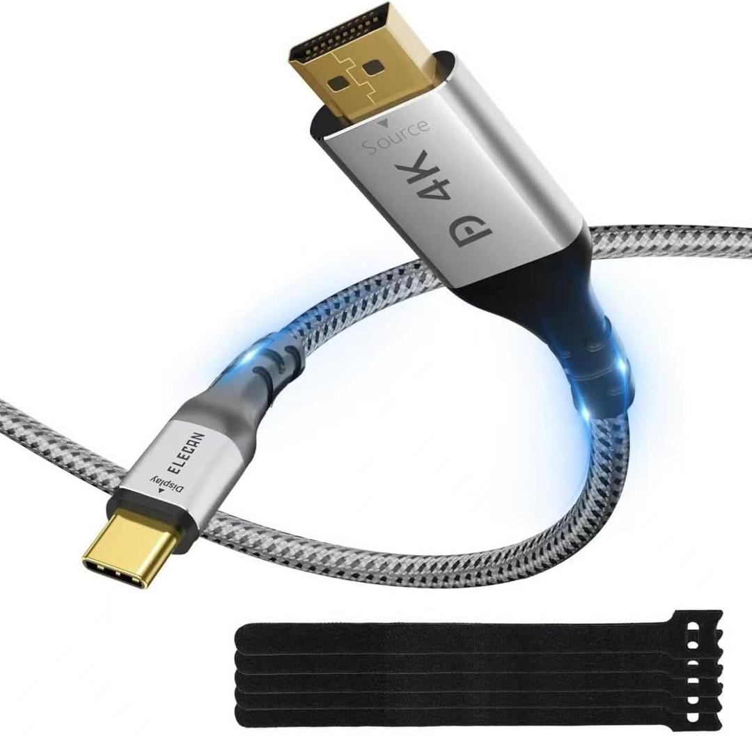 Elecan Uni-Directional DisplayPort to USB-C Adapter Cable 4 Ft 4K@60Hz 2K 1080P, No USB Power Needed, Display Port DP Converter for Touch, iPad, Mac, Portable Monitor, VR/XR/AR+Ties-NOT USB C to DP