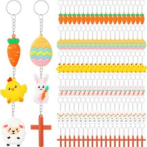 Equsion 120 Pcs Easter Keychain Easter Day Party Favors Bunny Key Chain Key Ring Rabbit Cross Hanging Kit Carrot Eggs Party Decorations for Hunting Party Decor