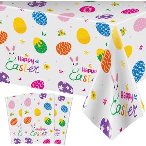 3 Pcs Easter Tablecloth-Happy Easter Bunny Table Cover, Disposable Plastic Rectangle Flower Colorful Eggs Table Cloth for Spring Day Tables Decorations and Party Supplies Favors, 54 x 108 Inch