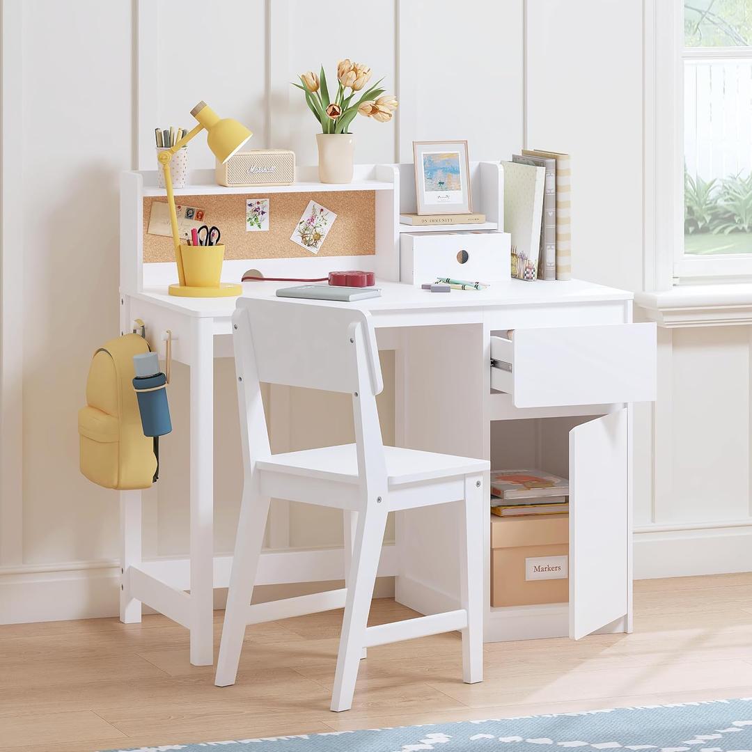 UTEX Wooden Kids Desk and Chair Set with Hutch and Storage for Ages 3-12, 35.4" W × 18.9" D × 35.0" H