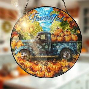 FLAGWIX Fall Decorations for Home - Tractor Stained Glass Window Hanging 8in - Sun Catchers Indoor Window, Fall Gifts for Women Men, Thanksgiving Decorations Suncatcher, Thanksgiving Gifts for Mom Dad (Denim  Thankful Ride)