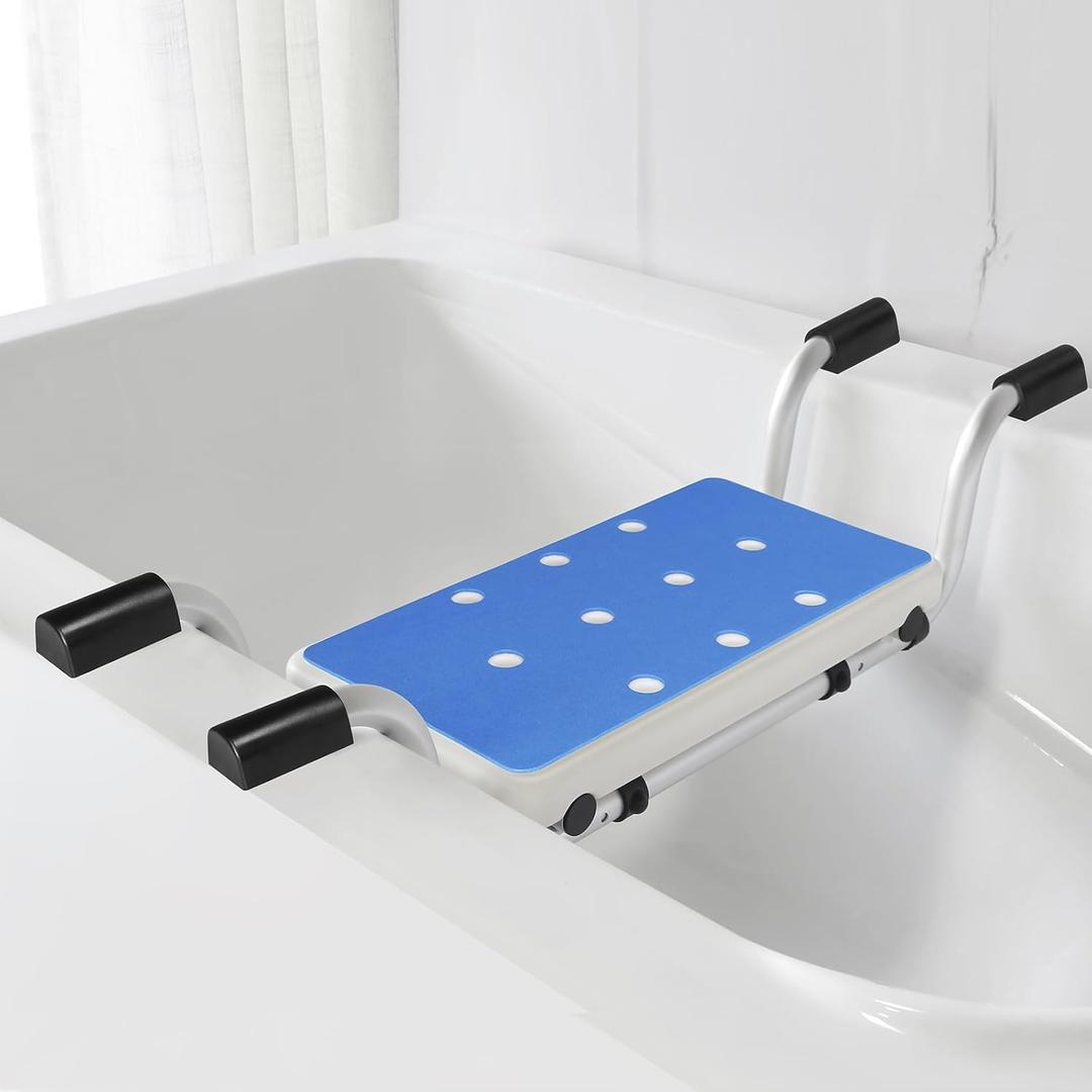 Bathtub Safety Seat for Seniors-Heavy Duty Aluminum Bench with Non-Slip Pads&Blue EVA Cushion,2-Width Adjustable Bath Seat Board, Anti-Scratch Design,Easy Tool-Free Installation
