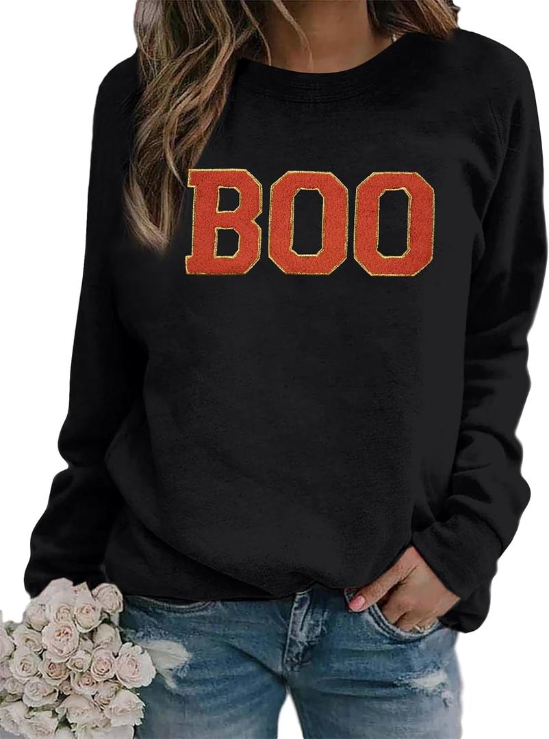 MYHALF Halloween Sweatshirt for Women Boo Embroidered Sweaters Cute Spooky Season Shirt Long Sleeve Fall Winter Pullover Tops (Small, Black)