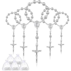 Baptism Favors Set 30 Pcs Plated Mini Rosary Baptism Rosary Beads Catholic Finger Rosaries and  Organza Bags for Christening Gift First Communion Wedding Party Favor (Silver)