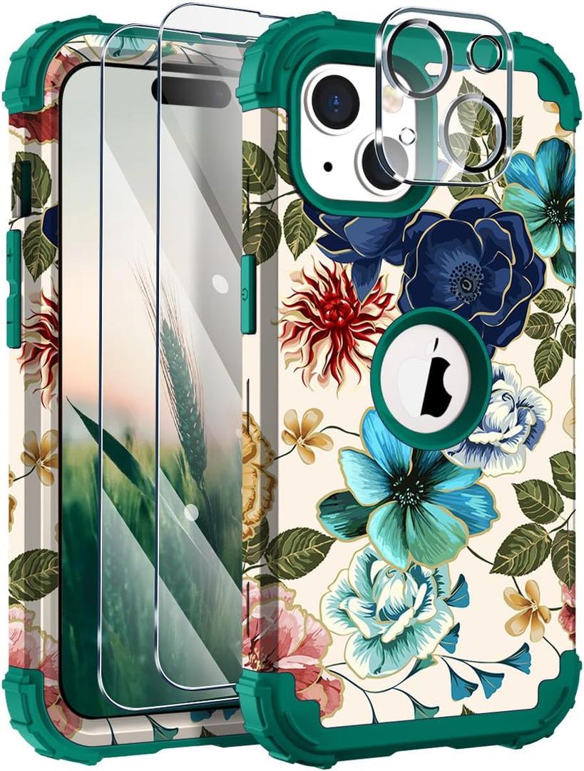 Hocase for iPhone 15 Plus Case, with 2pcs Screen Protectors and 1pc Camera Protector, Shockproof Heavy Duty Soft Silicone+Hard PC Hybrid Protective Case - Teal Flowers