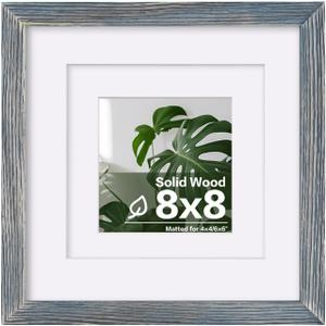 Egofine 8x8 Picture Frame Made of Solid Wood with Plexiglass, Display Pictures 4x4/6x6 with Mat or 8x8 Without Mat for Tabletop and Wall Mounting, Rustic Blue
