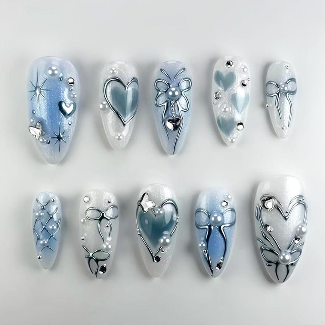 Medium Press on Nails Almond Shaped Fake Nails with Designs 3D Rhinestone Gel Glue on Nails Bow False Nails Pearl Acrylic Nails Sliver Lines Artificial Nails Glossy Stick on Nails for Women