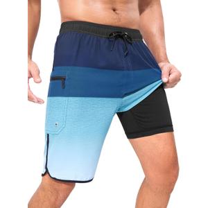 SILKWORLD Mens Swim Trunks with Compression Liner 9 Inch Long Bathing Suit 2 in 1 Beach Quick Dry Shorts with Pockets (Medium, Blue Gradient)