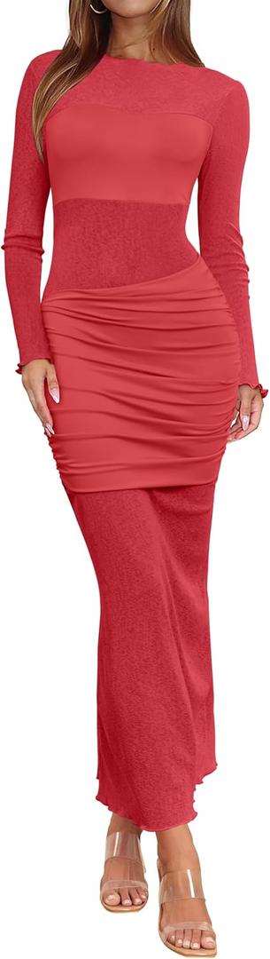 Ekaliy Women's Sexy Mesh Dress Long Sleeve Mock Neck Bodycon Sheer Ruched Maxi Dress Party Cocktail Dresses (M)