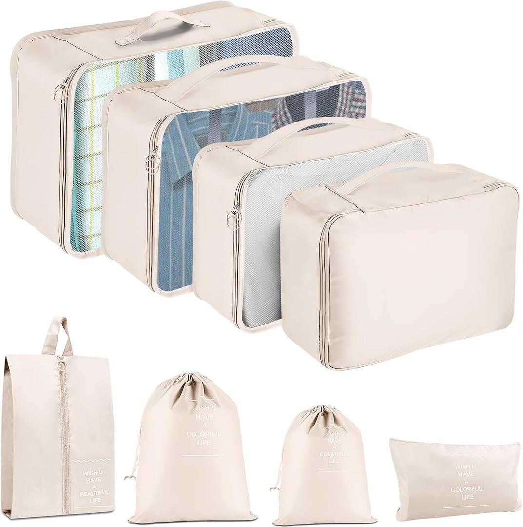 Packing Cubes for Travel - 8 Set Luggage Organizer Bags for Family, Mesh Breathable Travel Packing Cubes for Suitcases Durable Travel Essentials Bags Set (Beige)